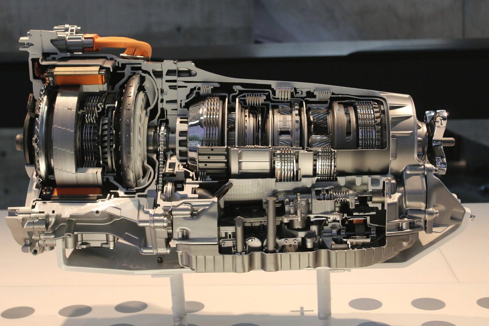 A cutaway automatic transmission showing its clutch packs and gearsets